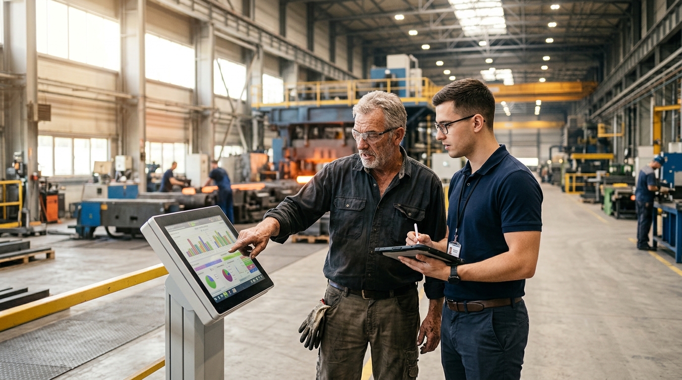 Generationen arbeiten zusammen am Daten-Terminal